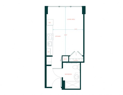 Floor plan for studio, 1 bath, 314 sqft