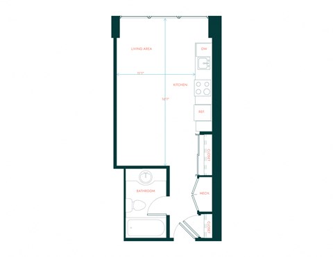 Floor plan for studio, 1 bath, 303 sqft