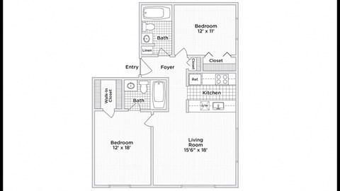 Floor plan for 2 beds, 2 baths, 1126 sqft