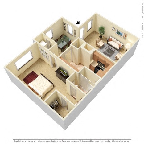 Floor plan for 1 bed, 1 bath, 700 sqft