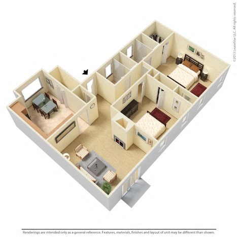 Floor plan for 2 beds, 2 baths, 1000 sqft