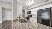 Memphis apartment for rent - A kitchen with a black refrigerator and a sink with a granite countertop.