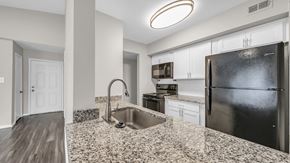 Memphis apartment for rent - A kitchen with a black refrigerator and a sink with a granite countertop.