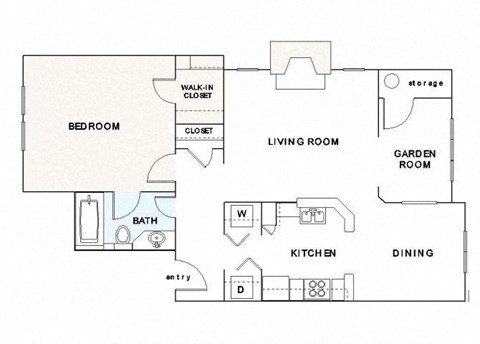 Floor plan for 1 bed, 1 bath, 810 sqft
