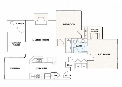 Floor plan for 2 beds, 1 bath, 1000 sqft
