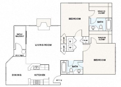 Floor plan for 2 beds, 2 baths, 1070 sqft