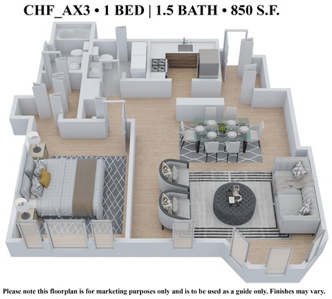 Floor plan for 1 bed, 1.5 baths, 850 sqft