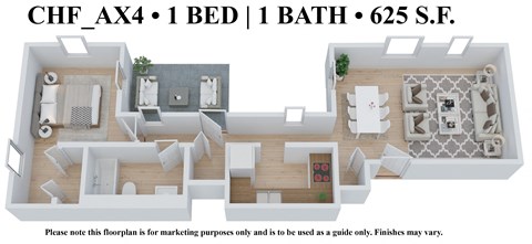 Floor plan for 1 bed, 1 bath, 625 sqft