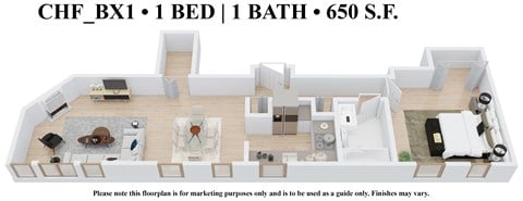 Floor plan for 1 bed, 1 bath, 700 sqft