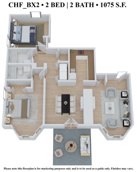 Floor plan for 2 beds, 2 baths, 1075 sqft