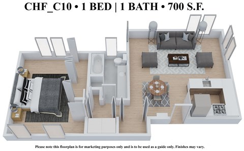 Floor plan for 1 bed, 1 bath, 700 sqft