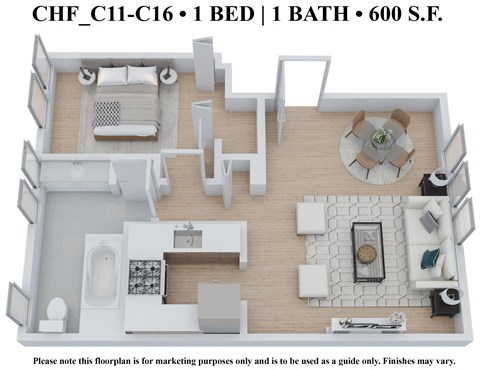 Floor plan for 1 bed, 1 bath, 600 sqft