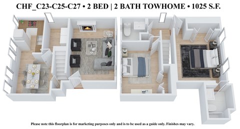 Floor plan for 2 beds, 2 baths, 1075 sqft