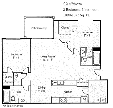 Floor plan for 2 beds, 2 baths, 1000 sqft
