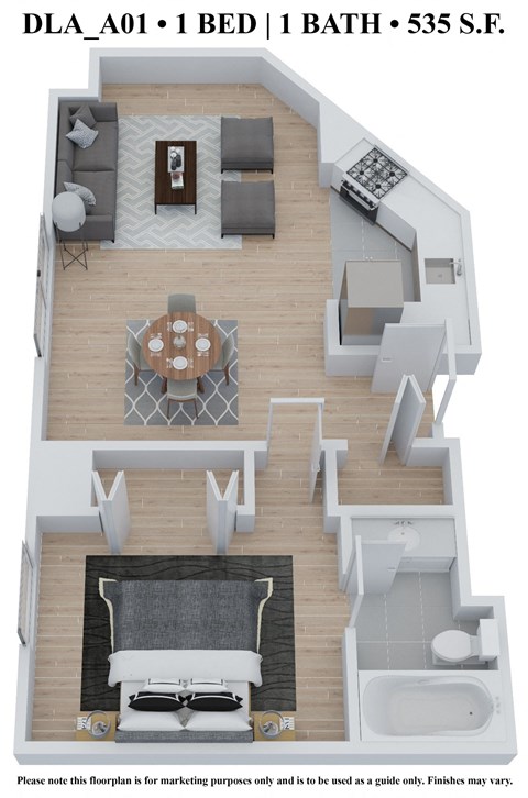 Floor plan for 1 bed, 1 bath, 535 sqft
