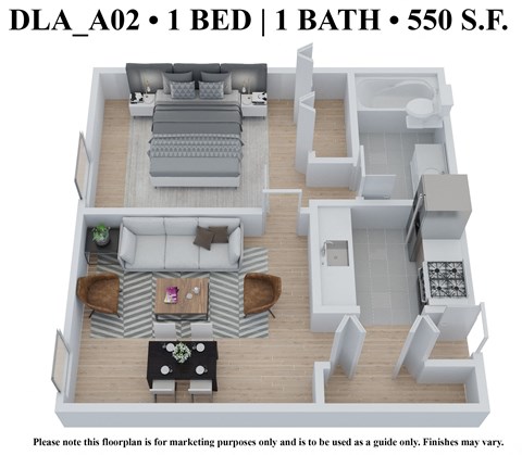 Floor plan for 1 bed, 1 bath, 550 sqft