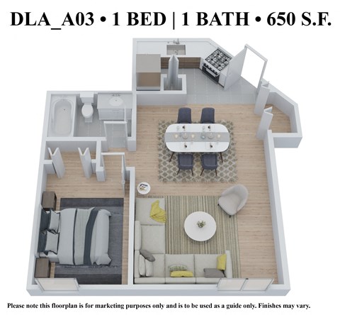 Floor plan for 1 bed, 1 bath, 650 sqft