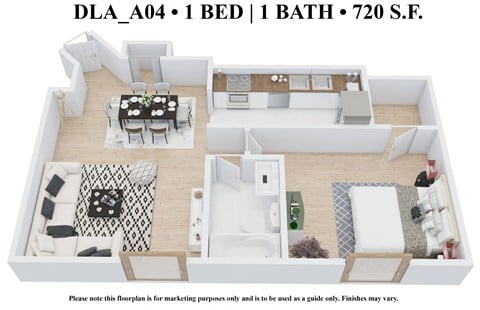 Floor plan for 1 bed, 1 bath, 720 sqft