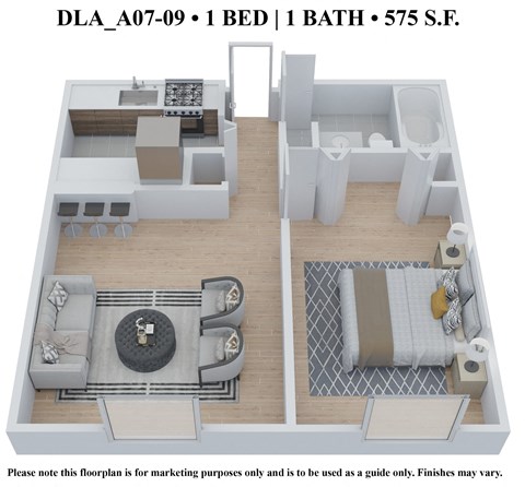 Floor plan for 1 bed, 1 bath, 575 sqft