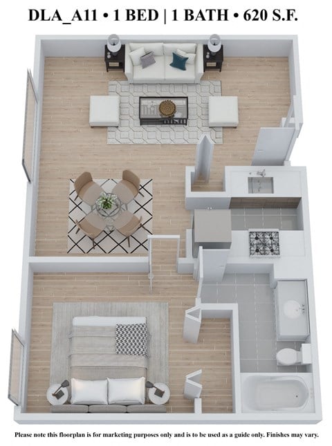 Floor plan for 1 bed, 1 bath, 620 sqft