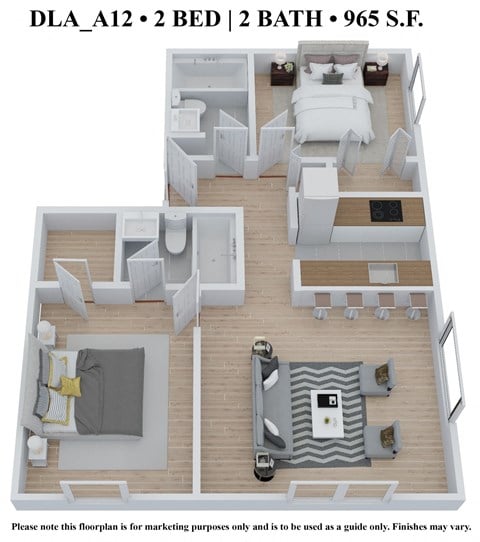 Floor plan for 2 beds, 2 baths, 965 sqft