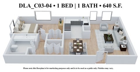 Floor plan for 1 bed, 1 bath, 640 sqft