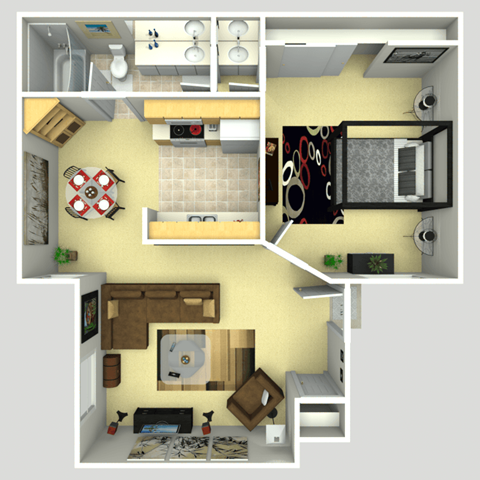Floor plan for 1 bed, 1 bath, 750 sqft
