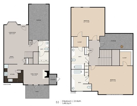 Floor plan for 2 beds, 2.5 baths, 1495 sqft