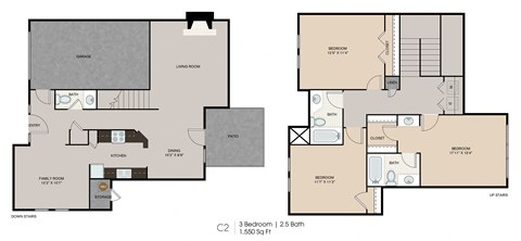 Floor plan for 3 beds, 2.5 baths, 1550 sqft