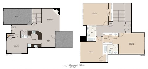 Floor plan for 3 beds, 2.5 baths, 1610 sqft