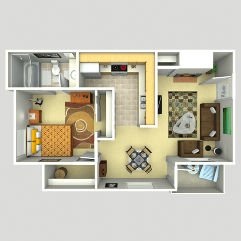 Floor plan for 1 bed, 1 bath, 600 sqft