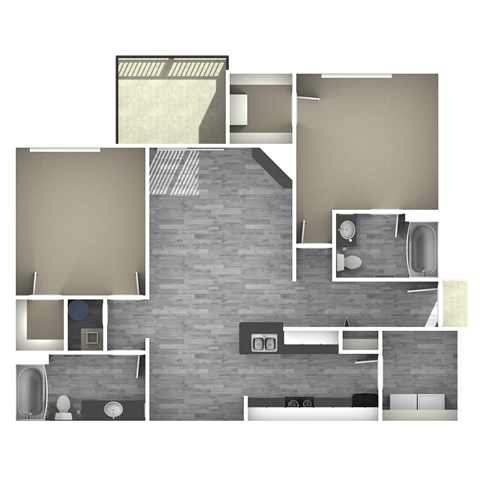 Floor plan for 2 beds, 2 baths, 1007 sqft