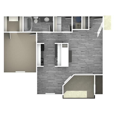 Floor plan for 1 bed, 1 bath, 676 sqft