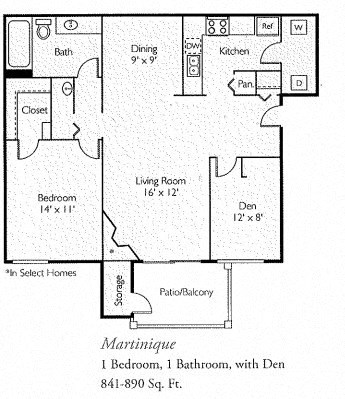 Floor plan for 1 bed, 1 bath, 841 sqft