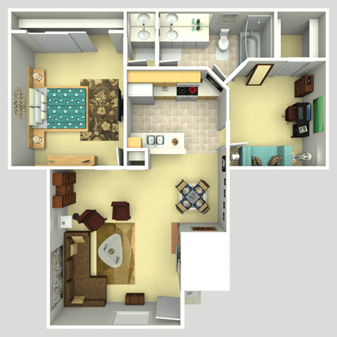 Floor plan for 2 beds, 1 bath, 900 sqft
