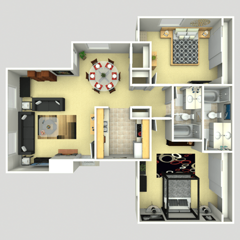 Floor plan for 2 beds, 2 baths, 1040 sqft