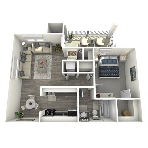 Floor plan for 1 bed, 1 bath, 608 sqft