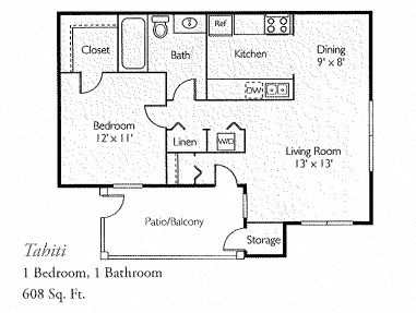 Floor plan for 1 bed, 1 bath, 608 sqft