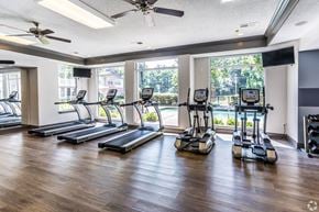 Germantown apartment for rent - the preserve at ballantyne commons fitness room with cardio equipment and windows at The Grove Germantown Apartments, Tennessee, 38138