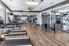 Germantown apartment for rent - a gym with weights and cardio machines and a ceiling fan at The Grove Germantown Apartments, Germantown, TN 38138 ?