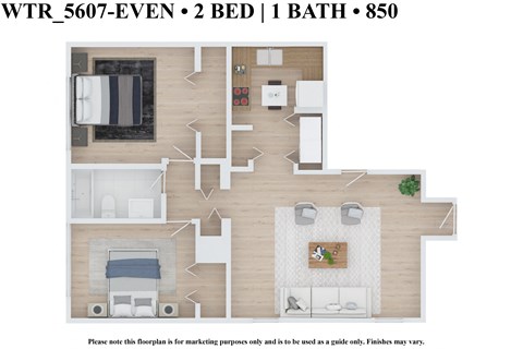Floor plan for 2 beds, 1 bath, 850 sqft