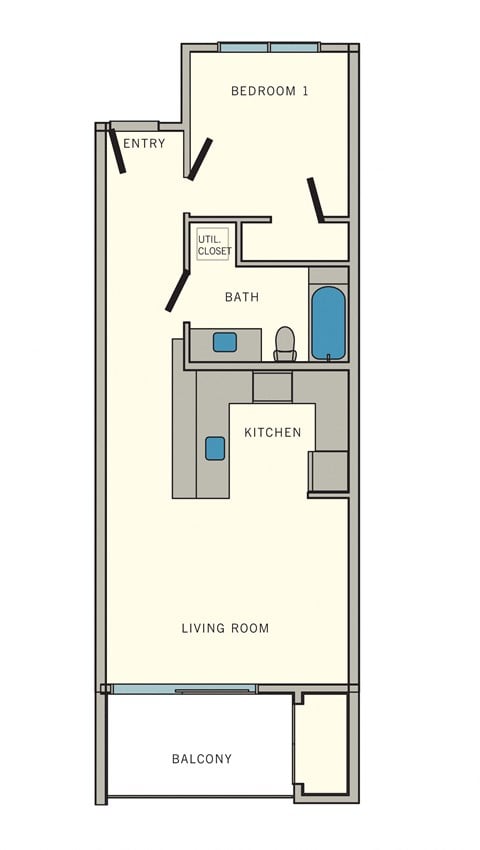 Floor plan for 1 bed, 1 bath, 632 sqft