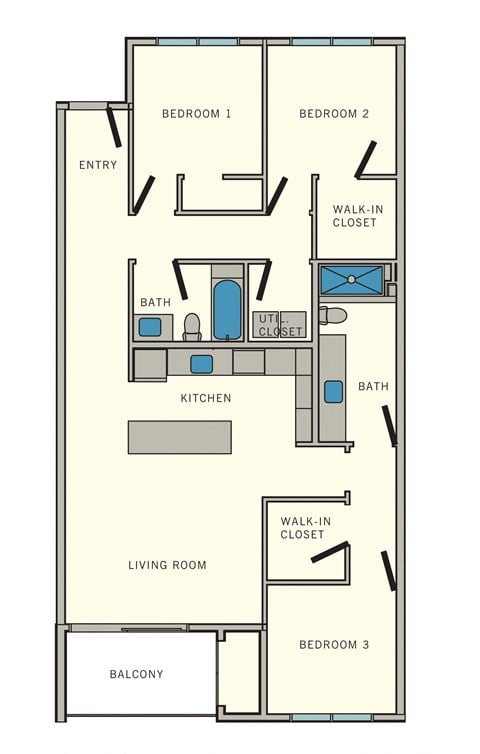 Floor plan for 3 beds, 2 baths, 1302 sqft