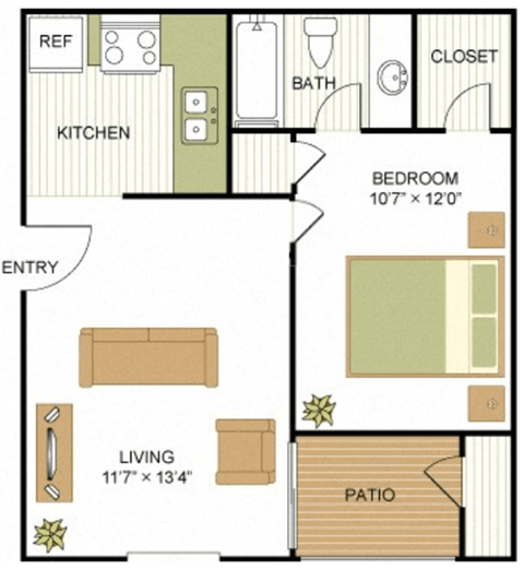 Floor plan for 1 bed, 1 bath, 480 sqft