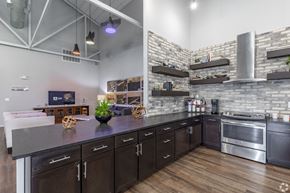 San Antonio apartment for rent - a kitchen with a large island and stainless steel appliances at Aviator at Brooks, San Antonio