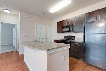 San Marcos apartment for rent - A kitchen with a granite countertop and a black refrigerator.
