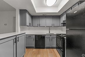 Irving apartment for rent - A black refrigerator is on the right in a kitchen with grey cabinets.