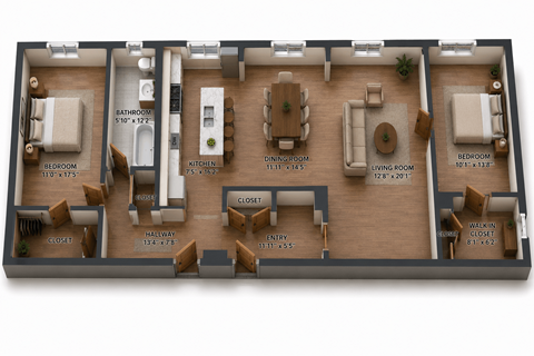 Floor plan for 2 beds, 1 bath, 1228 sqft