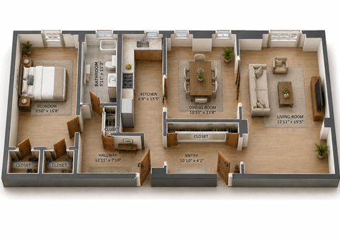 Floor plan for 1 bed, 1 bath, 936 sqft