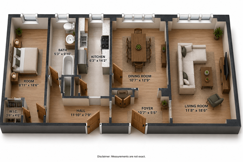 Floor plan for 1 bed, 1 bath, 988 sqft